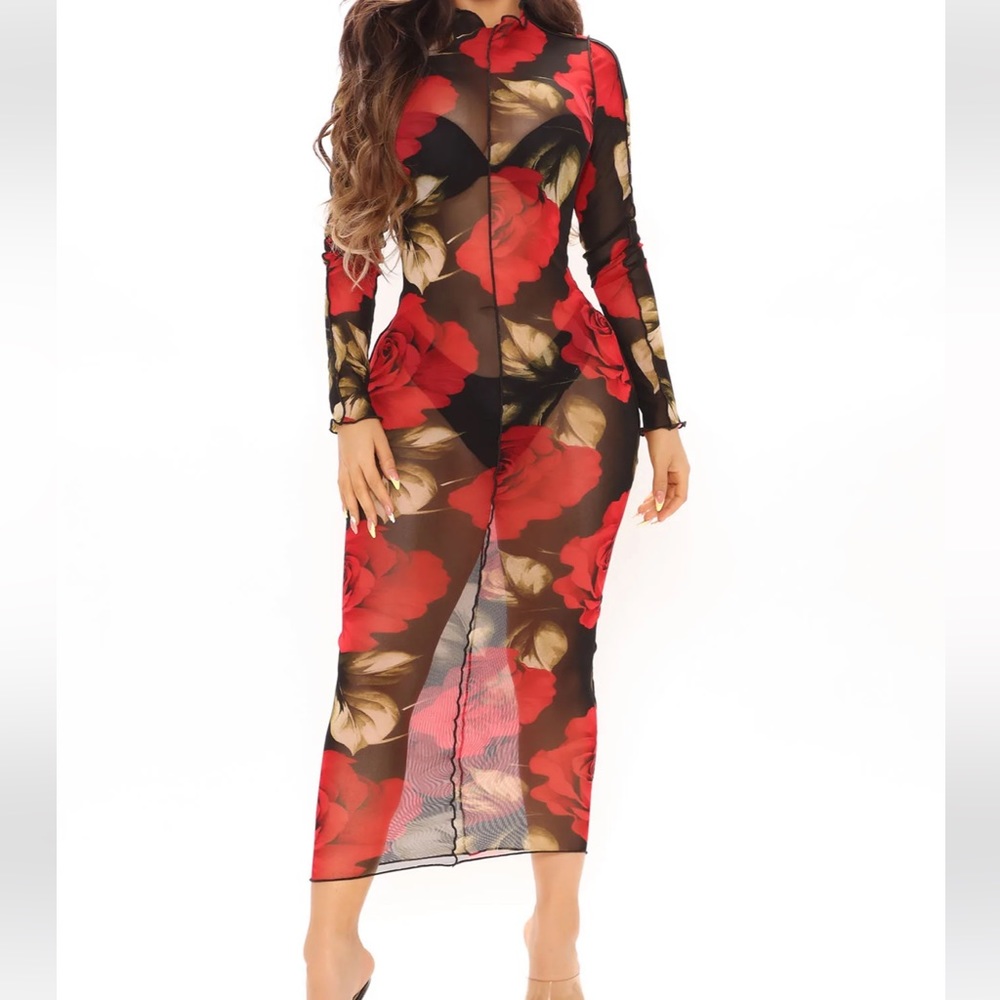 Fashion nova mesh midi dress floral print rose dress